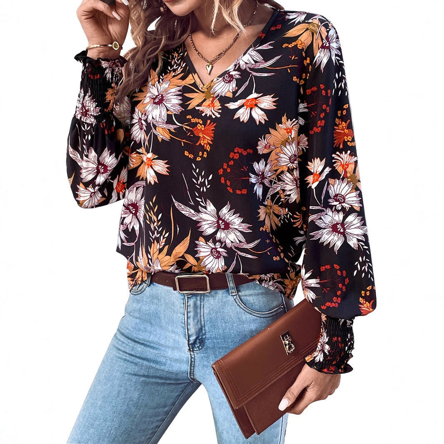 Damen Bluse mit floralem Muster und elastischen Rüschendetails