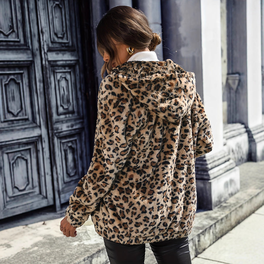 Damen Fleecejacke mit Leopardenmuster und praktischem Reißverschluss