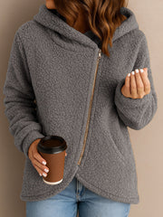 Damen Fleecejacke mit asymmetrischem Reißverschluss und Kapuze