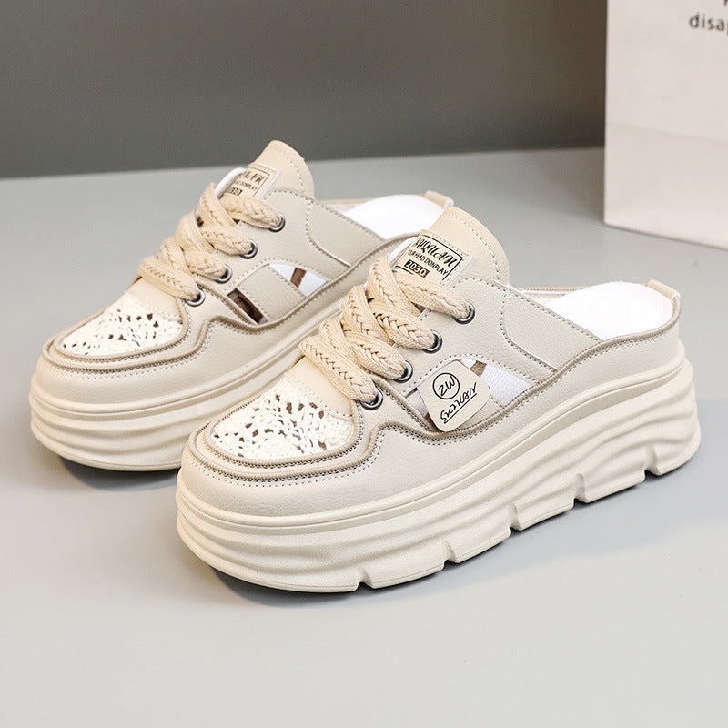 Damen Chunky Slipper mit modischem Schnürsenkel-Design und atmungsaktiver Obermaterialkombination