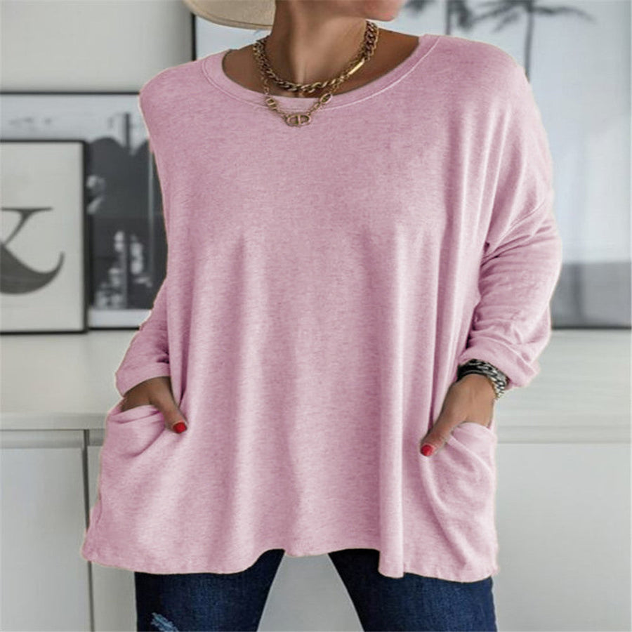 Damen nan oversized Longsleeve-Tunika mit Rundhalsausschnitt, überschnittener Schulter und aufgesetzten Taschen Drune