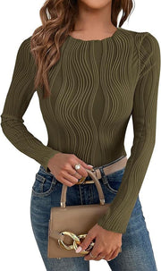 Damen nan figurbetontes Rippstrick-Longsleeve mit Wellendetail und Rundhalsausschnitt Drune