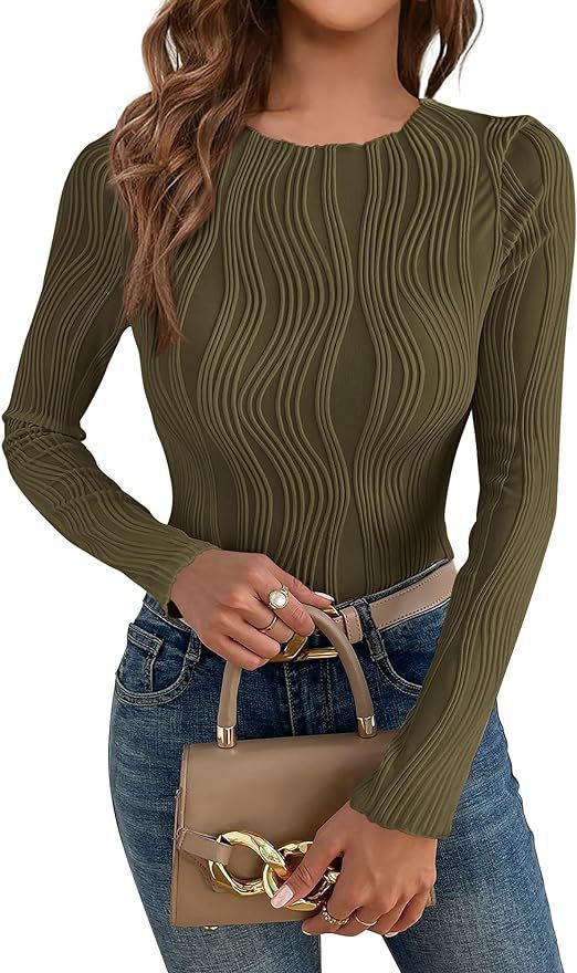 Damen nan figurbetontes Rippstrick-Longsleeve mit Wellendetail und Rundhalsausschnitt Drune