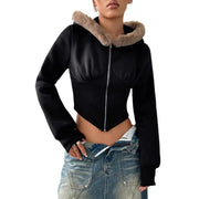 Damen cropped Hoodie mit luxuriösem Fellbesatz