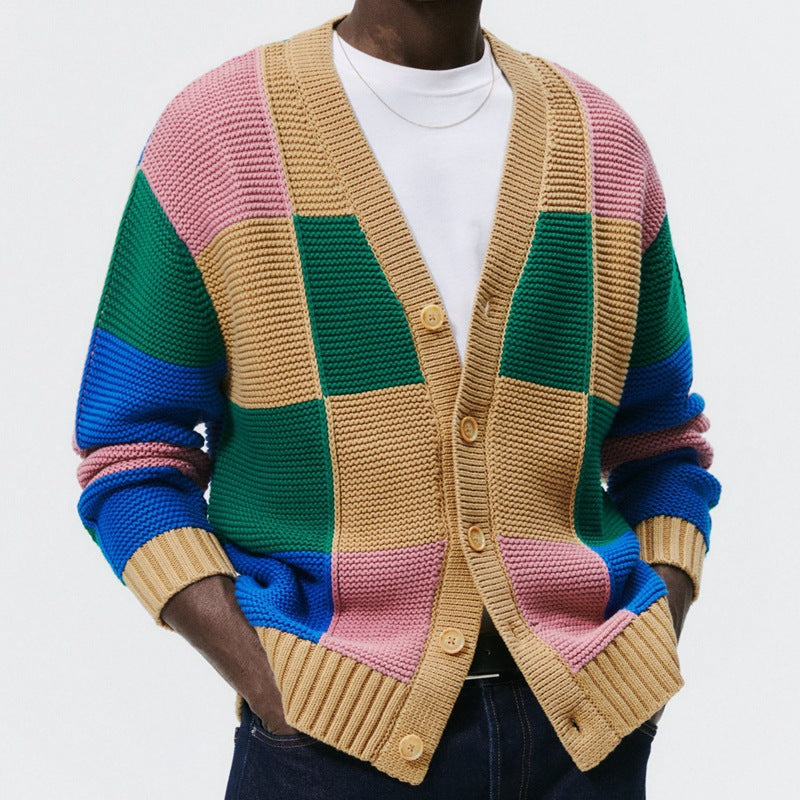 Herren gestreifter Strickcardigan mit bunten Farbblock-Design Aliams