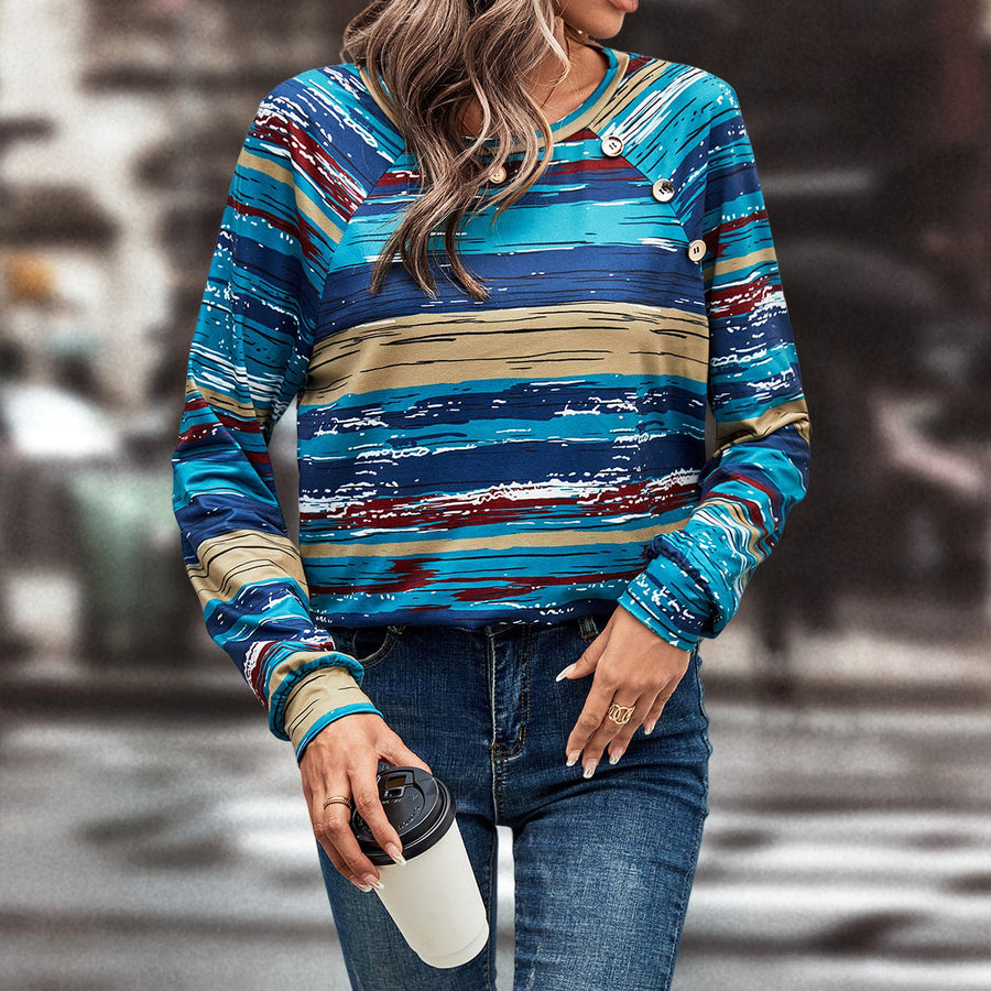 Damen gemusterter Langarm-Pullover mit kreativen Knopfdetails