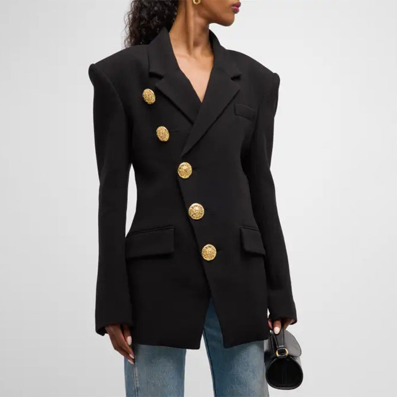 Oversized Damen Blazer mit goldenen Knöpfen – Schulterbetonter Bouclé‑Look