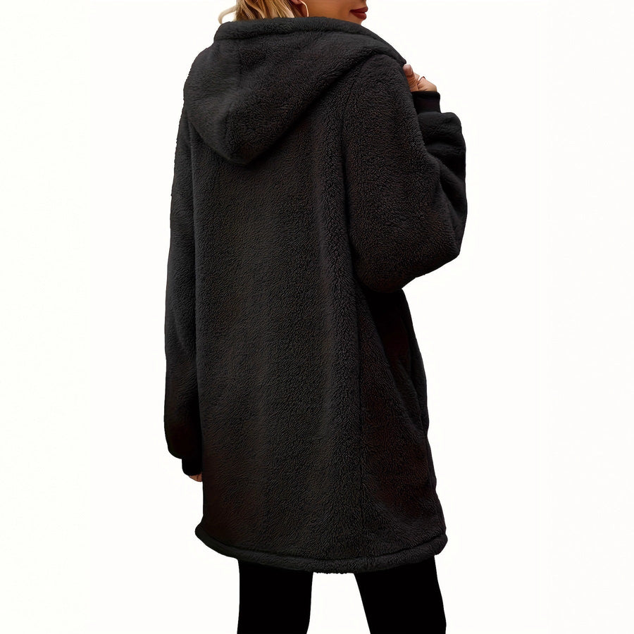 Damen Fleece-Mantel mit Taschen und Kapuze