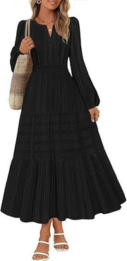 Damen Maxikleid mit eleganten Puffärmeln und gesmoktem Taillenbereich