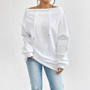 Damen lässiger Oversized-Pullover mit offenem Kragen und praktischen Kordelzügen