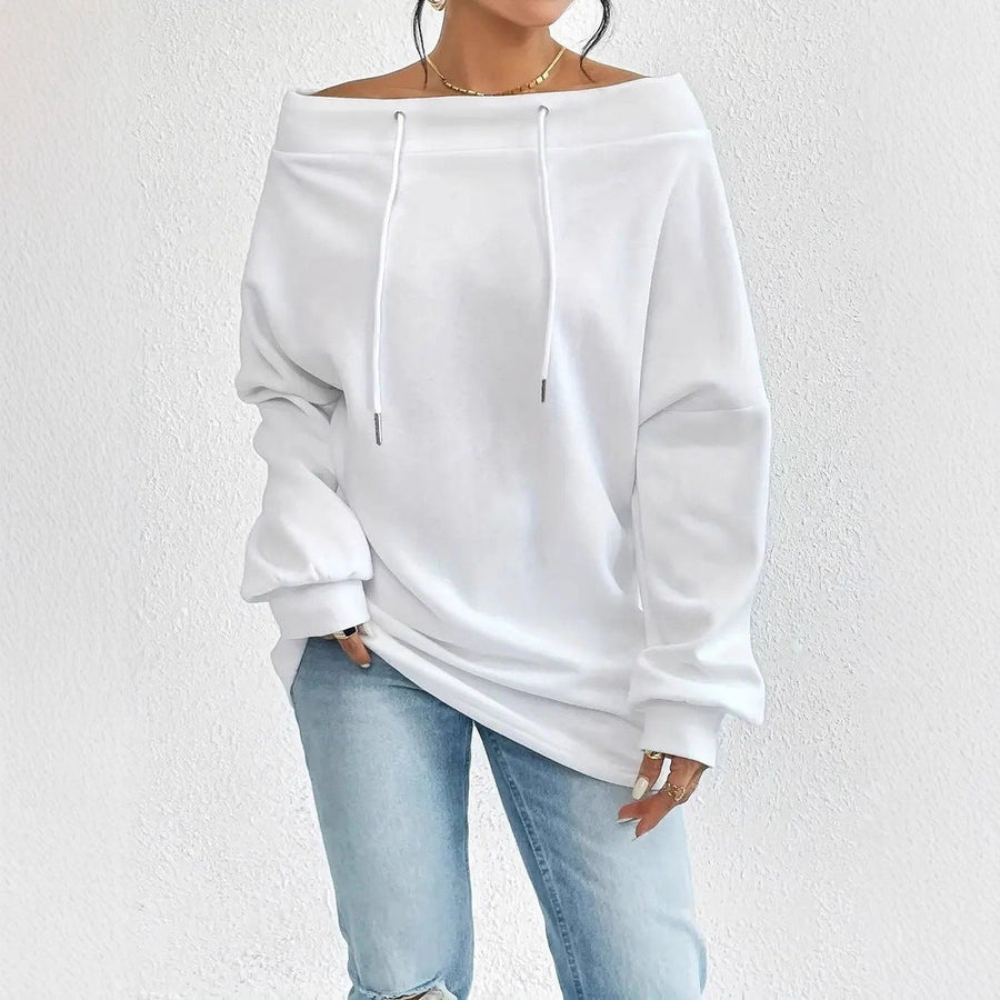 Damen lässiger Oversized-Pullover mit offenem Kragen und praktischen Kordelzügen