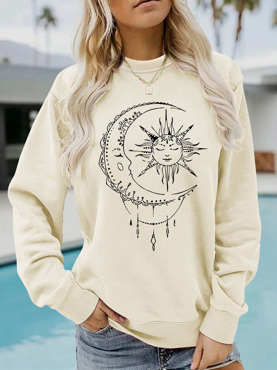 Damen Sweatshirt mit künstlerischem Sonnen- und Mondmotiv
