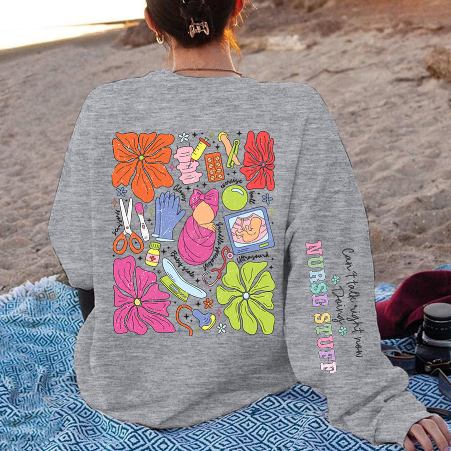 Damen Sweatshirt mit buntem Grafikdesign und originellem Pflege-Motiv