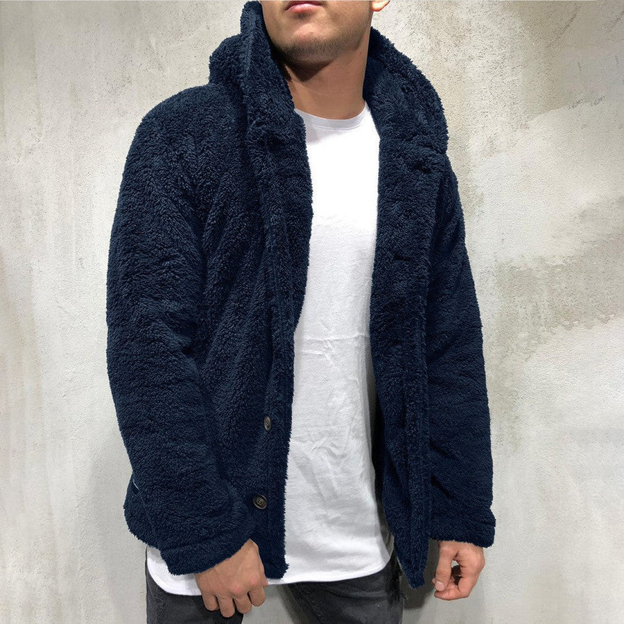 Herren kuschelige Fleecejacke mit praktischer Kapuze und Knopfverschluss Aliams