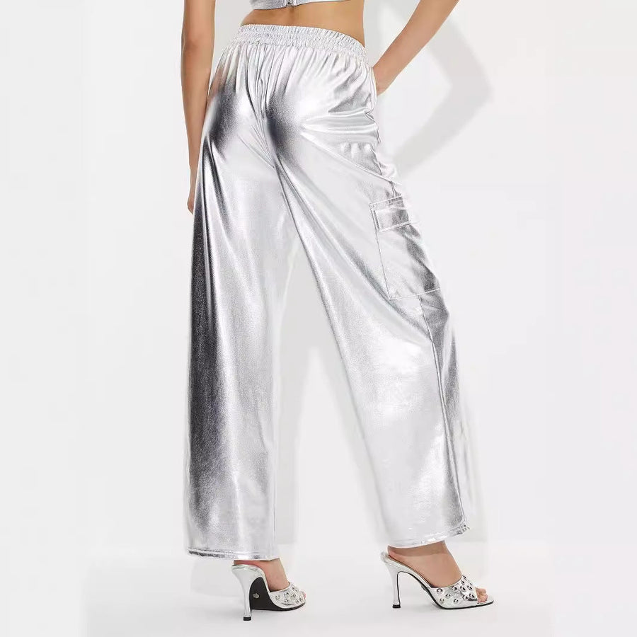 Damen Cargo-Hosen im glänzenden Metallic-Look mit elastischem Bund