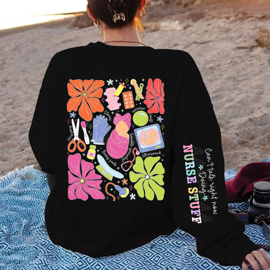 Damen Sweatshirt mit buntem Grafikdesign und originellem Pflege-Motiv
