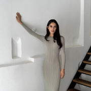 Damen Elegantes Rippstrick-Maxikleid mit langen Ärmeln und figurbetontem Schnitt