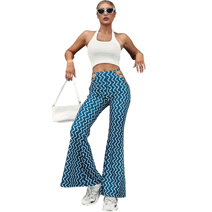 Damen High-Waist Schlaghose mit dekorativen Schnürdetails und Wellenmuster