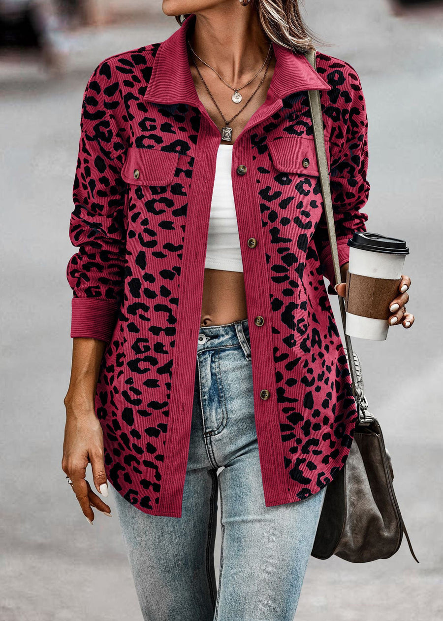 Damen Trendige Kordjacke mit Leo-Print und Brusttaschen