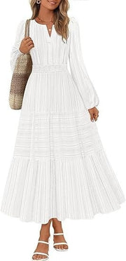 Damen Maxikleid mit eleganten Puffärmeln und gesmoktem Taillenbereich