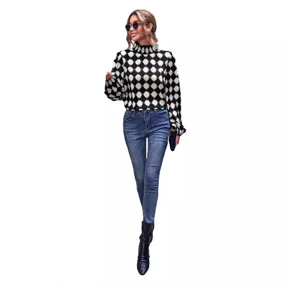 Damen elegante Bluse mit hochgeschlossenem Kragen und grafischem Muster
