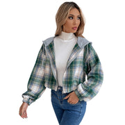 Damen cropped Flanelljacke mit Kapuze und modernem Karomuster