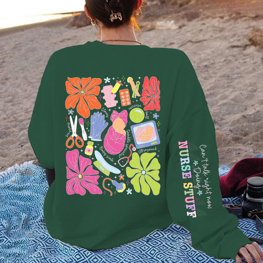Damen Sweatshirt mit buntem Grafikdesign und originellem Pflege-Motiv