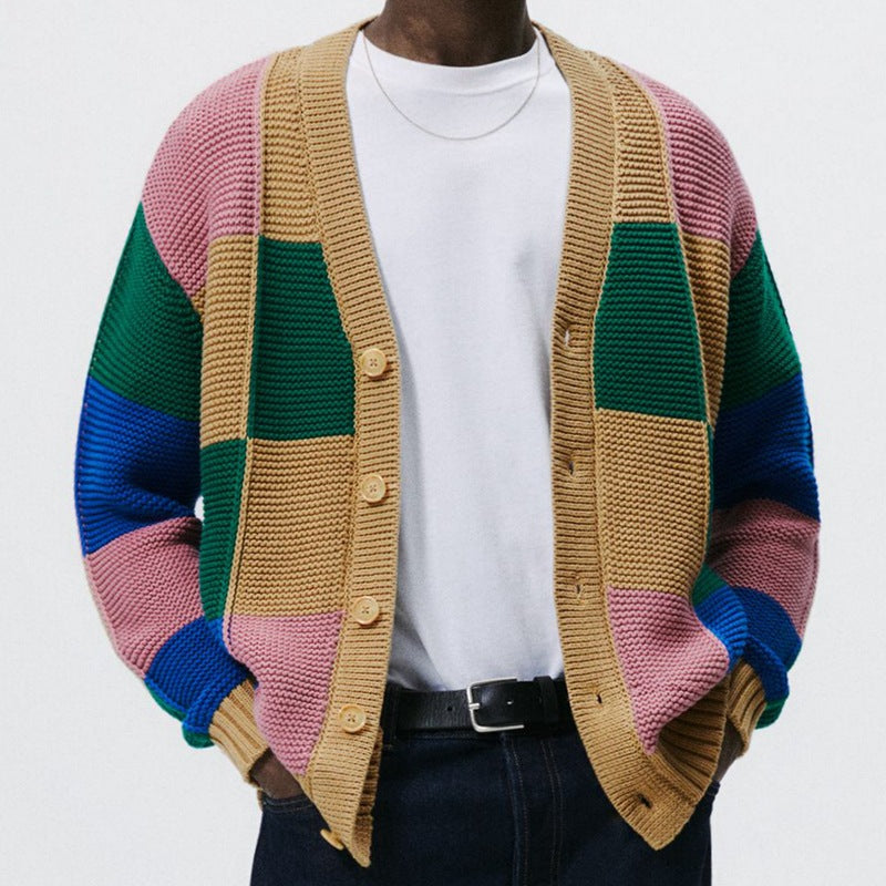 Herren gestreifter Strickcardigan mit bunten Farbblock-Design Aliams