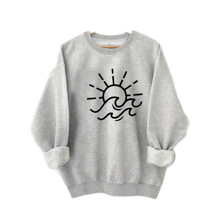 Damen Sweatshirt mit kreativem Sonnen- und Wellenmotiv