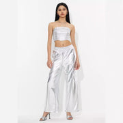 Damen Cargo-Hosen im glänzenden Metallic-Look mit elastischem Bund