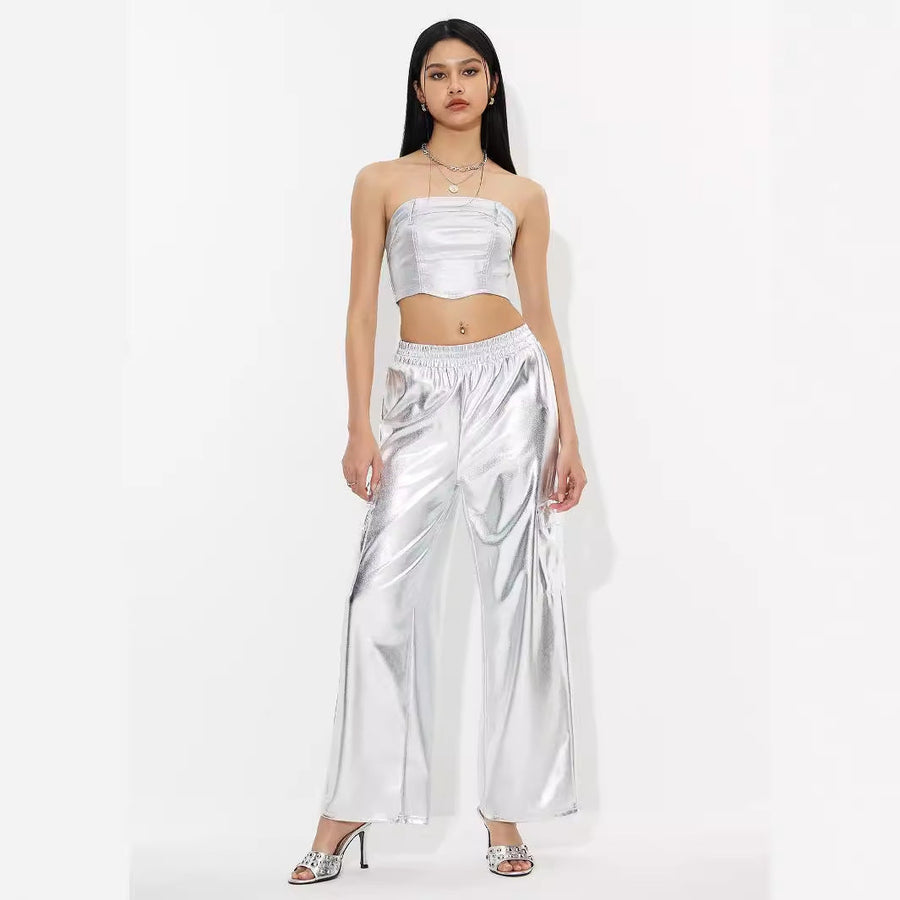 Damen Cargo-Hosen im glänzenden Metallic-Look mit elastischem Bund