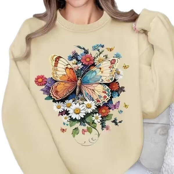 Damen Langarm Sweatshirt mit floralem Schmetterlingsdruck