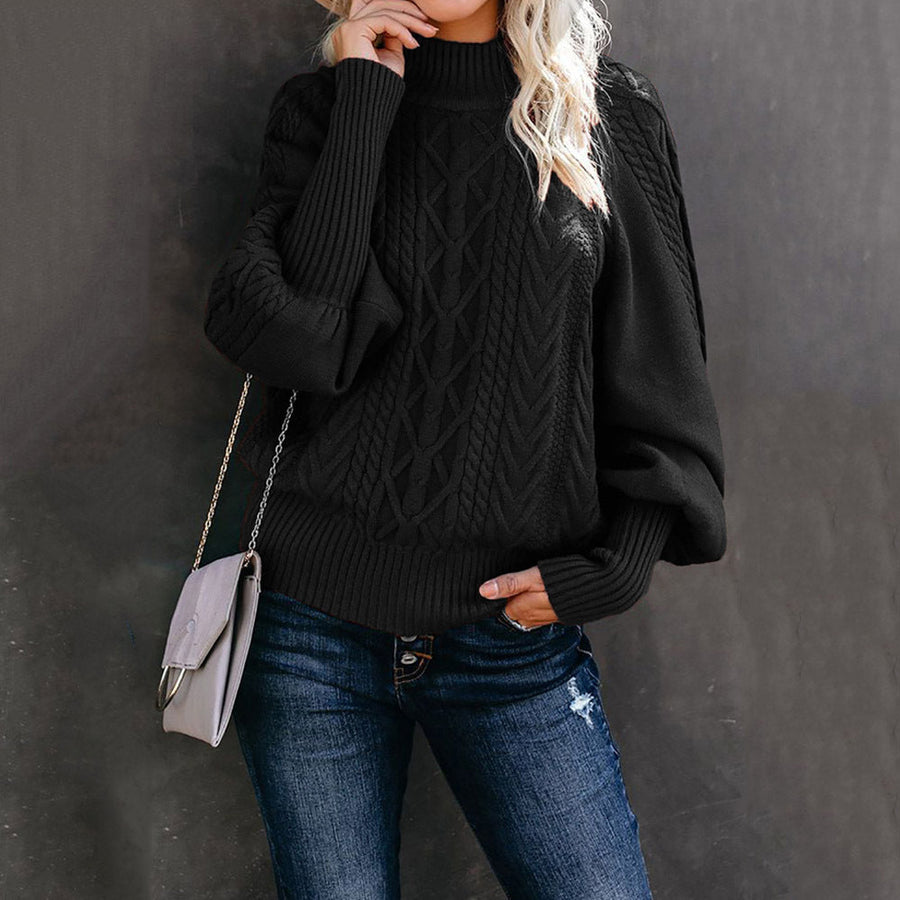 Damen Grobstrickpullover mit Stehkragen und Ballonärmeln