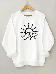 Damen Sweatshirt mit kreativem Sonnen- und Wellenmotiv