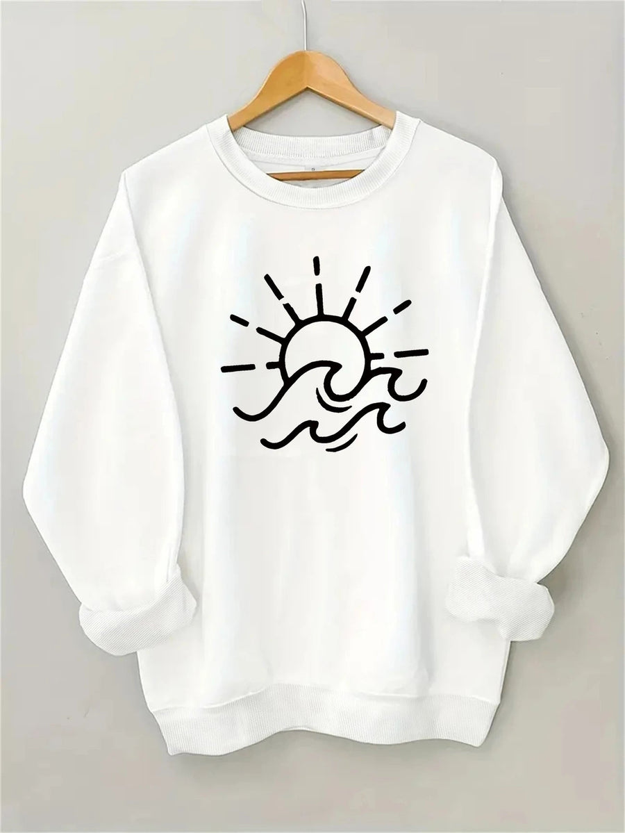 Damen Sweatshirt mit kreativem Sonnen- und Wellenmotiv
