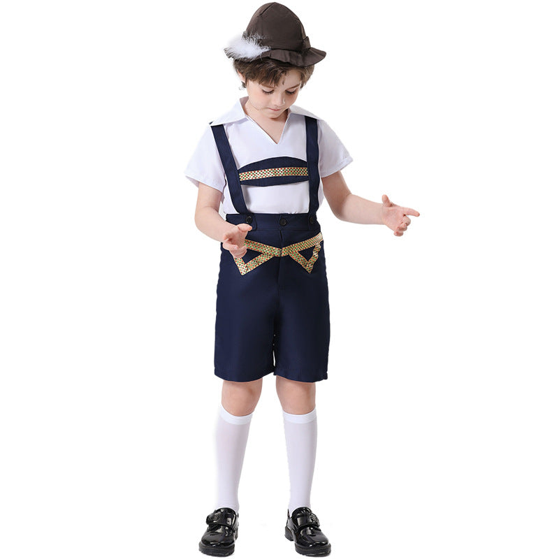 Unisex nan festliche Kinderhose mit verstellbaren Hosenträgern und Ziergürtel Drune
