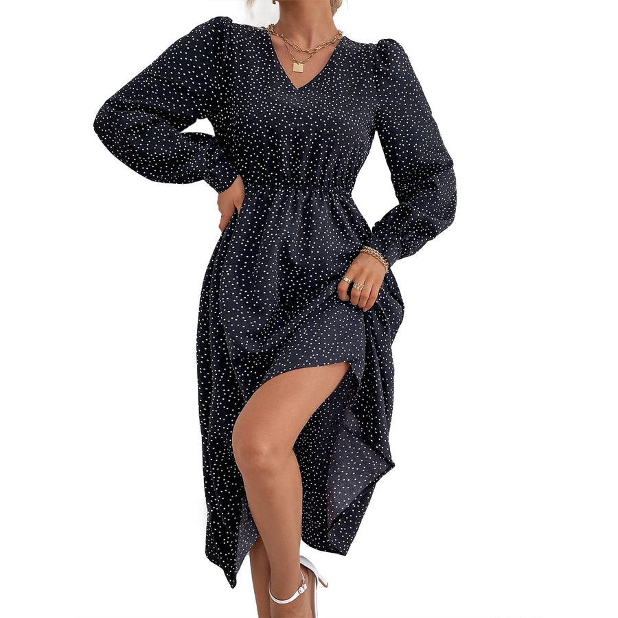 Damen elegantes Maxikleid mit V-Ausschnitt und voluminösen Ärmeln