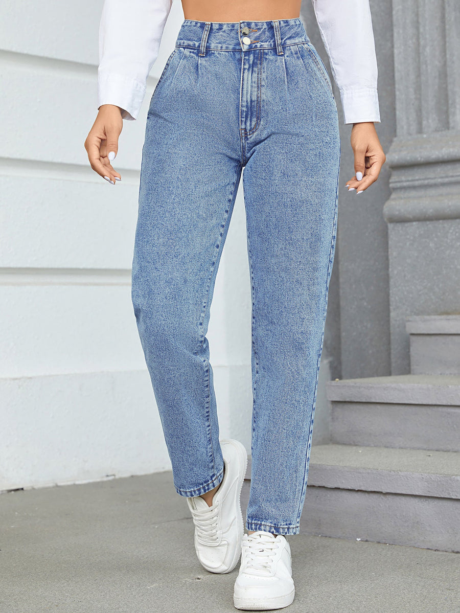 Damen High-Waist Boyfriend Jeans mit klassischem Schnitt und Knopfdetails