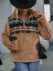 Damen kuschelige Fleece-Pullover mit modischem Reißverschluss und Farbdesign