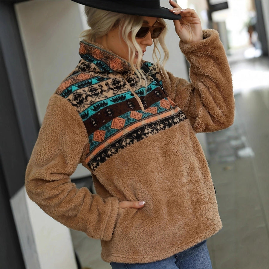 Damen kuschelige Fleece-Pullover mit modischem Reißverschluss und Farbdesign