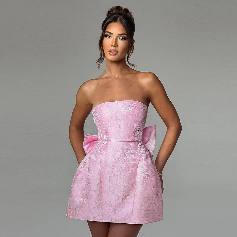 Champagnerfarbene Mini-Cocktailkleid – Schulterfreies Abendkleid mit Schleifendetail