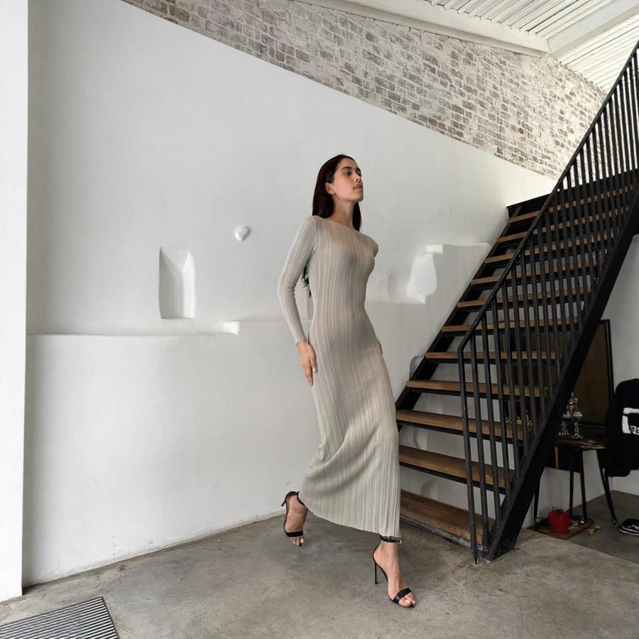 Damen Elegantes Rippstrick-Maxikleid mit langen Ärmeln und figurbetontem Schnitt