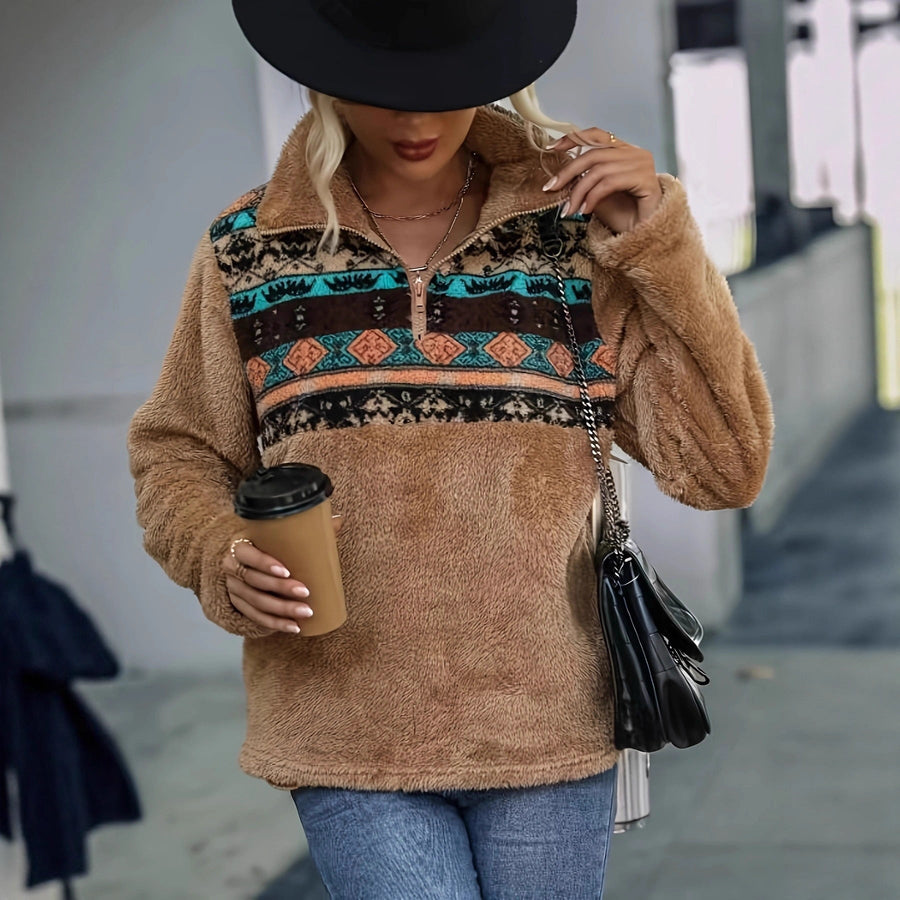 Damen kuschelige Fleece-Pullover mit modischem Reißverschluss und Farbdesign