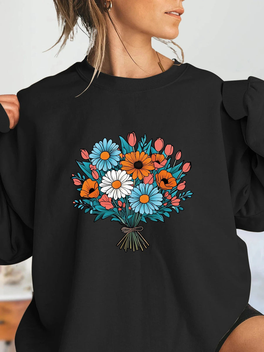 Damen Oversized Sweatshirt mit floralen Grafikdetails