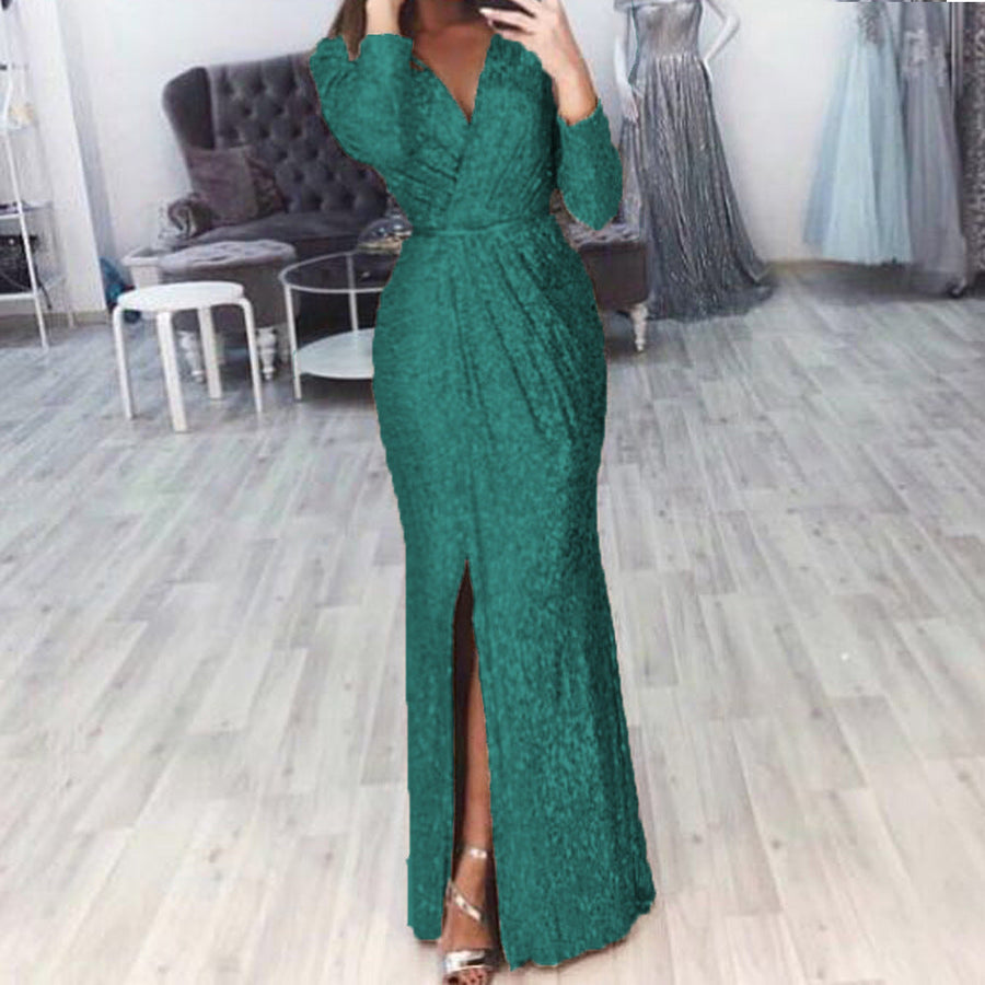 Damen langes Abendkleid mit elegantem Wickelschnitt und Schlitz