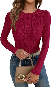 Damen nan figurbetontes Rippstrick-Longsleeve mit Wellendetail und Rundhalsausschnitt Drune