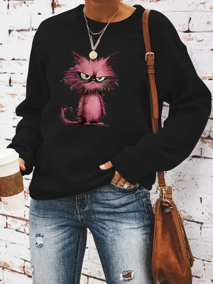 Damen Sweatshirt mit kreativem Katzenmotiv