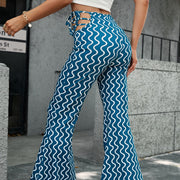 Damen High-Waist Schlaghose mit dekorativen Schnürdetails und Wellenmuster