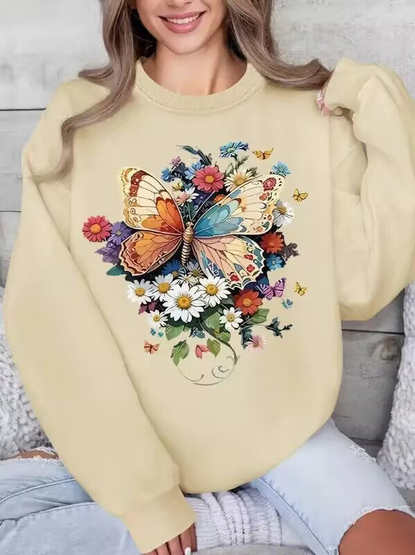 Damen Langarm Sweatshirt mit floralem Schmetterlingsdruck