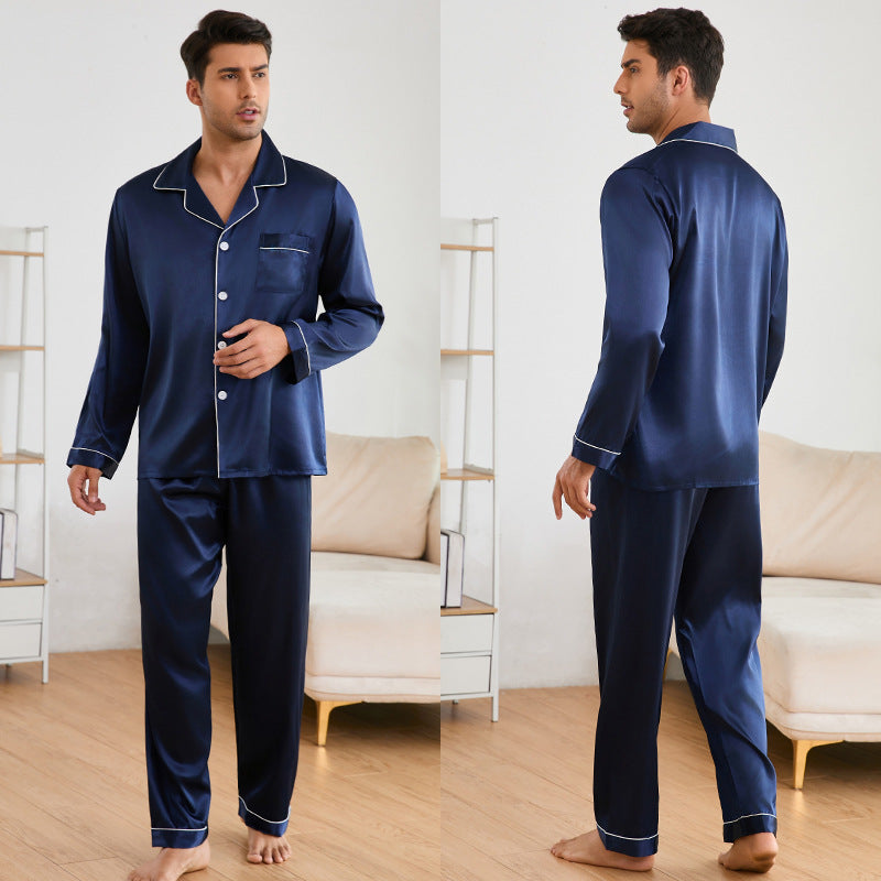 Herren Satin Schlafanzug-Set mit klassischem Kragen und eleganten Kontrastnähten Heidi-Mode
